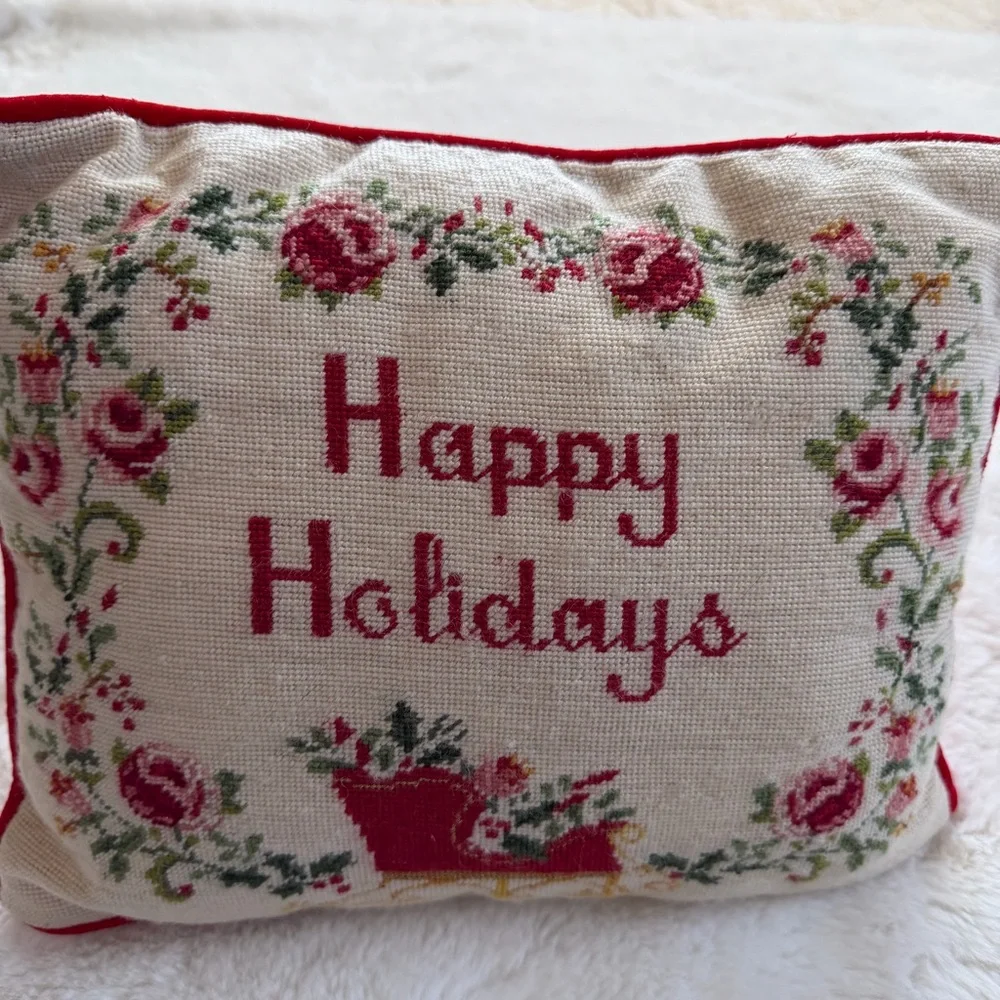 Vintage Needlepoint Pillow “Happy Holidays” Christmas Floral Red Velvet 13” x 12